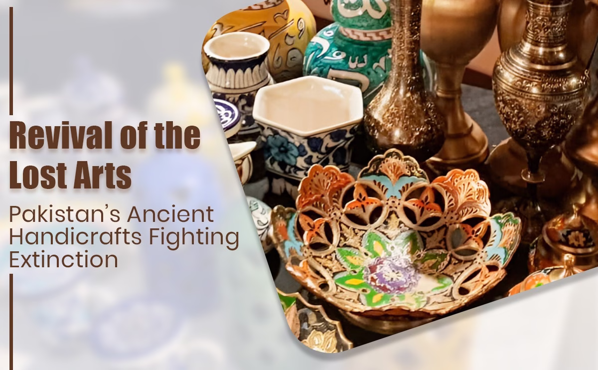 Colorful traditional Pakistani handicrafts including pottery and brassware.
