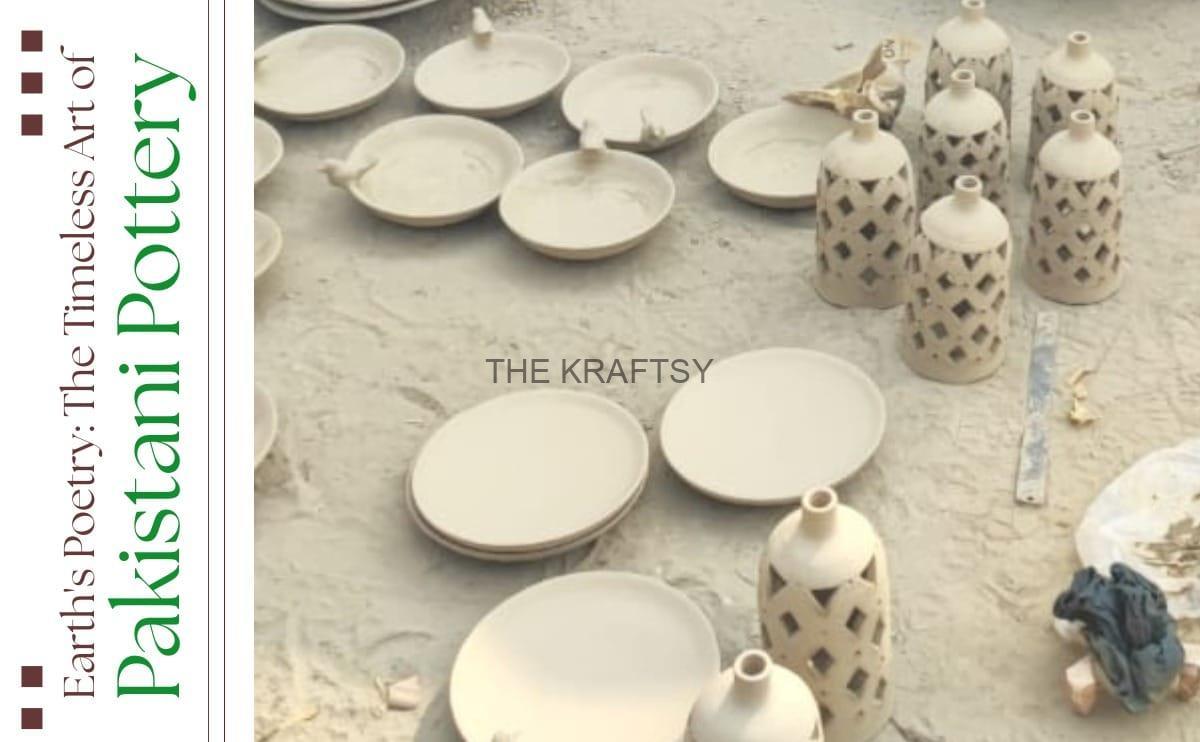 Handcrafted Pakistani pottery drying outdoors.