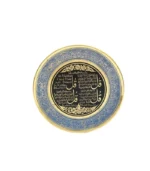 a blue and gold plate with a black and gold border